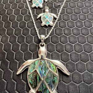 Turtle Earring and Necklace Set with Green Abalone Stones Made of Sterling Silve